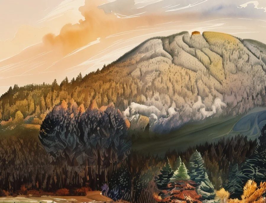 Spirit Mountain, Grand Ronde, Oregon - watercolor illustration