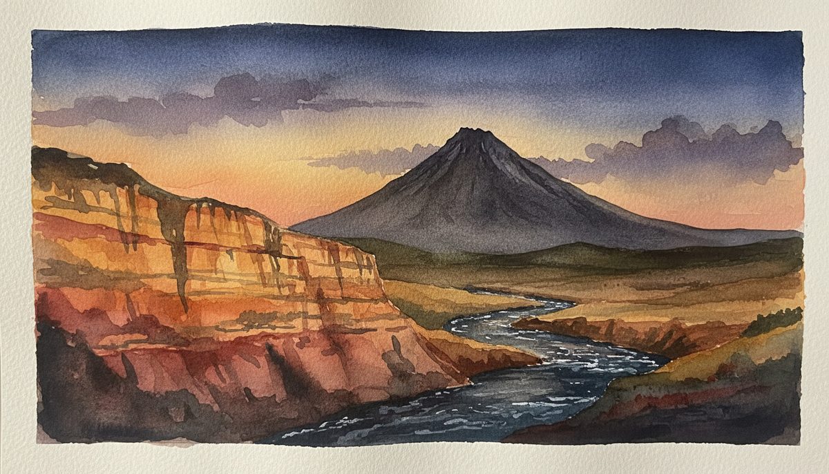 Watercolor illustration of volcanic mountains emerging from layers of geological strata with faded timelines