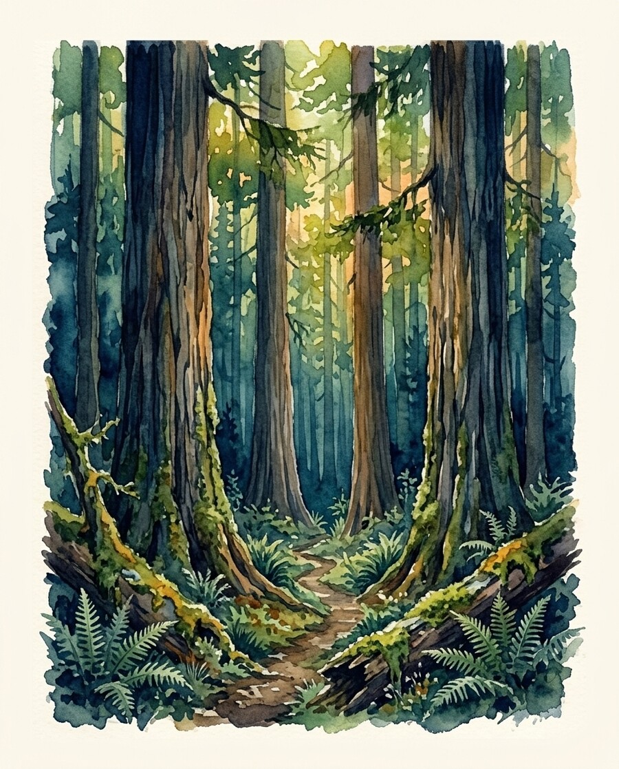 A quiet path winding into an old-growth cedar grove