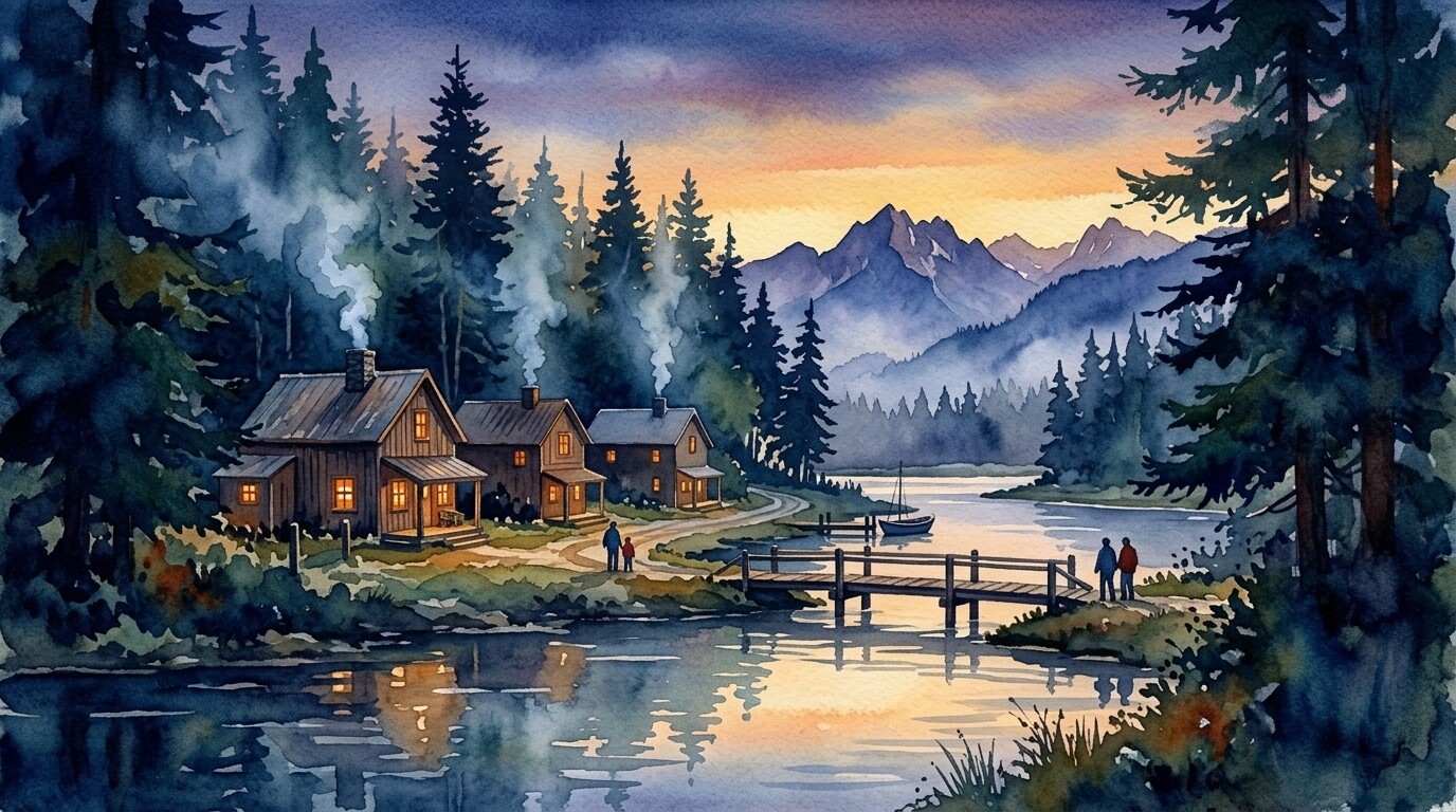 A misty Pacific Northwest forest opening onto a quiet river