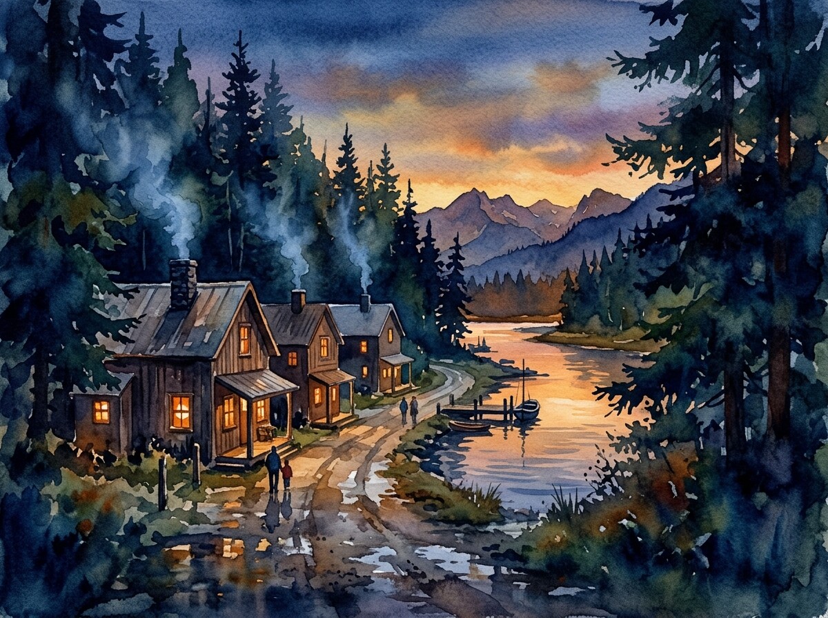A riverside cedar town at dusk, woodsmoke rising