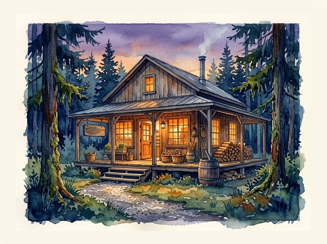 A cedar-plank village store at dusk, windows lit