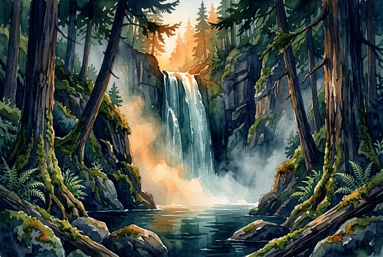 A tall waterfall in a misty cedar canyon