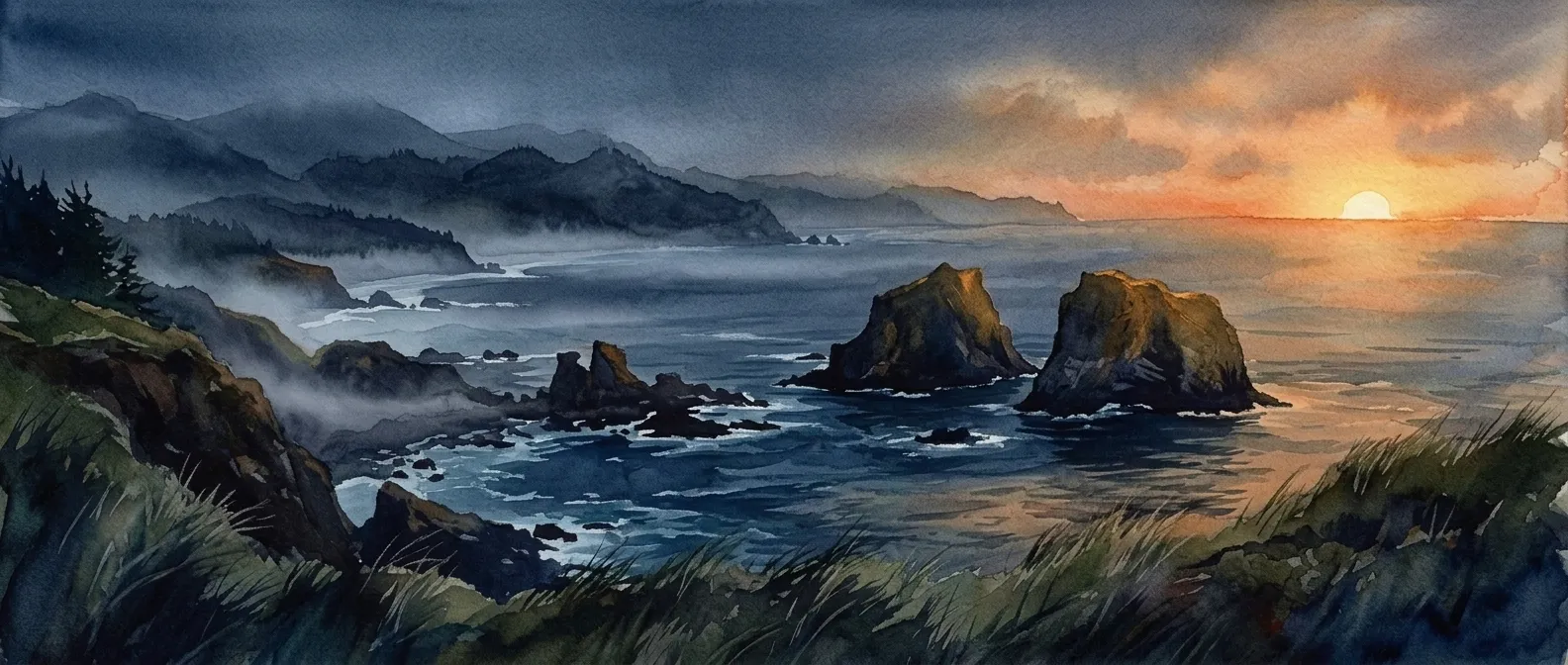 A view from a clifftop overlooking Pacific Northwest coastal shoreline with sea stacks rising from the ocean