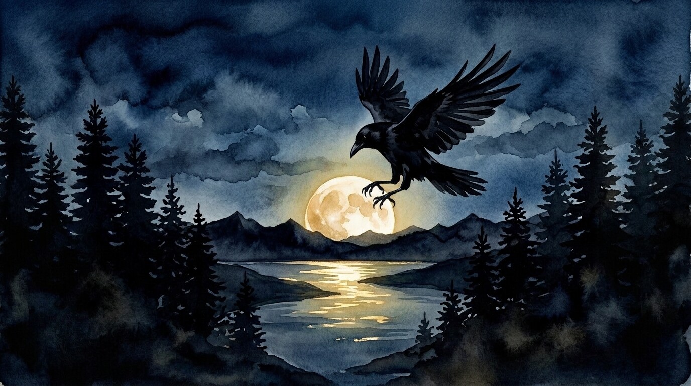 A crow snatching a golden harvest moon over a Pacific Northwest river at twilight