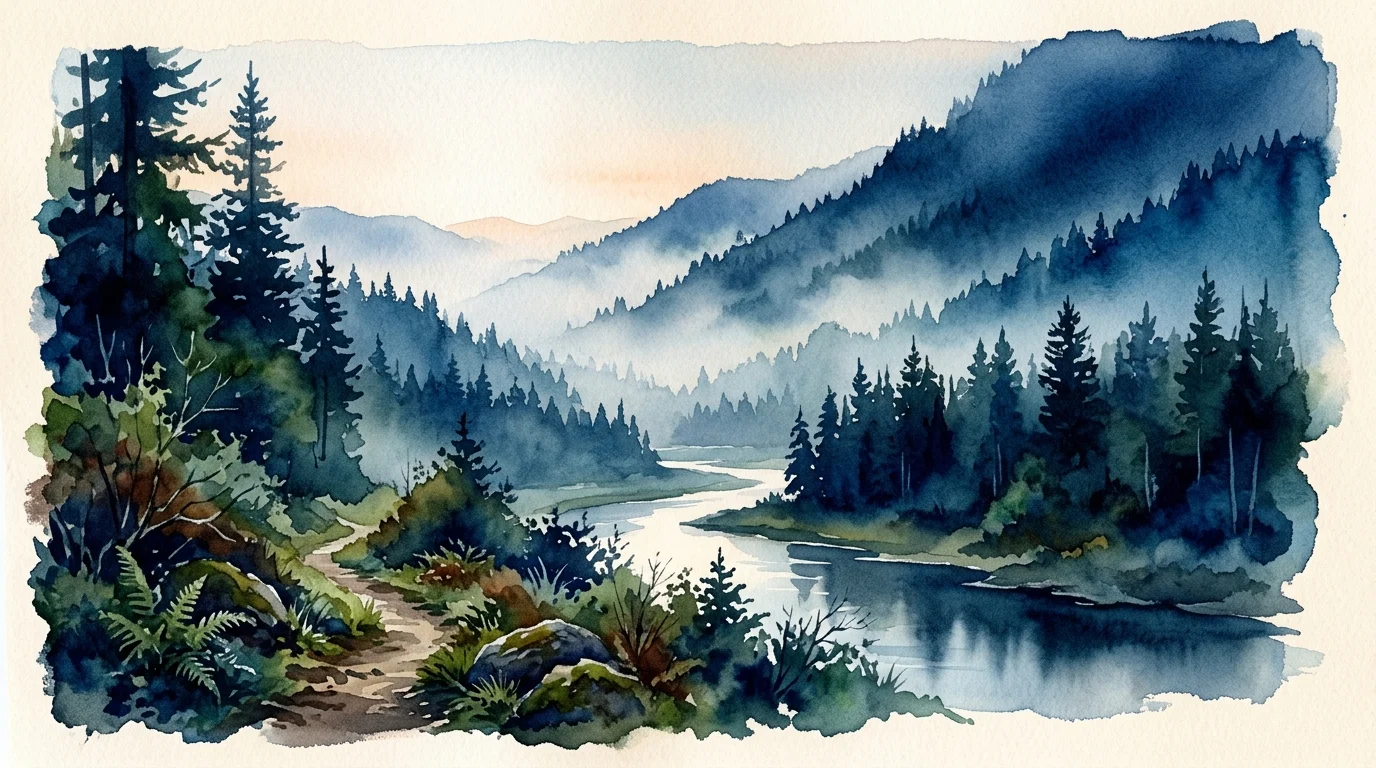 A misty Pacific Northwest river valley at dawn, a faint path leading in toward the trees.