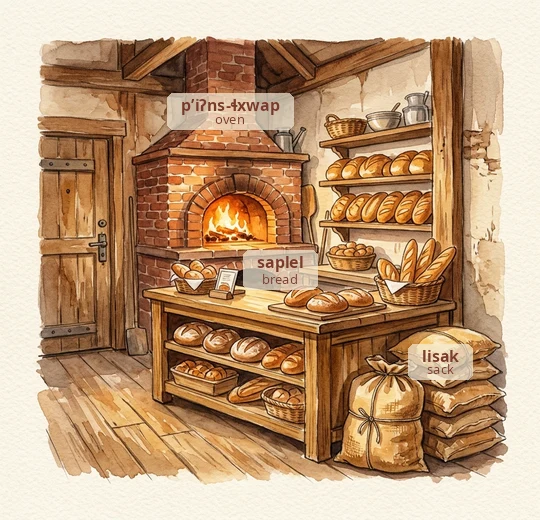 A watercolor of a bakery interior; Chinuk Wawa labels sit on the bread, the oven, and a flour sack.