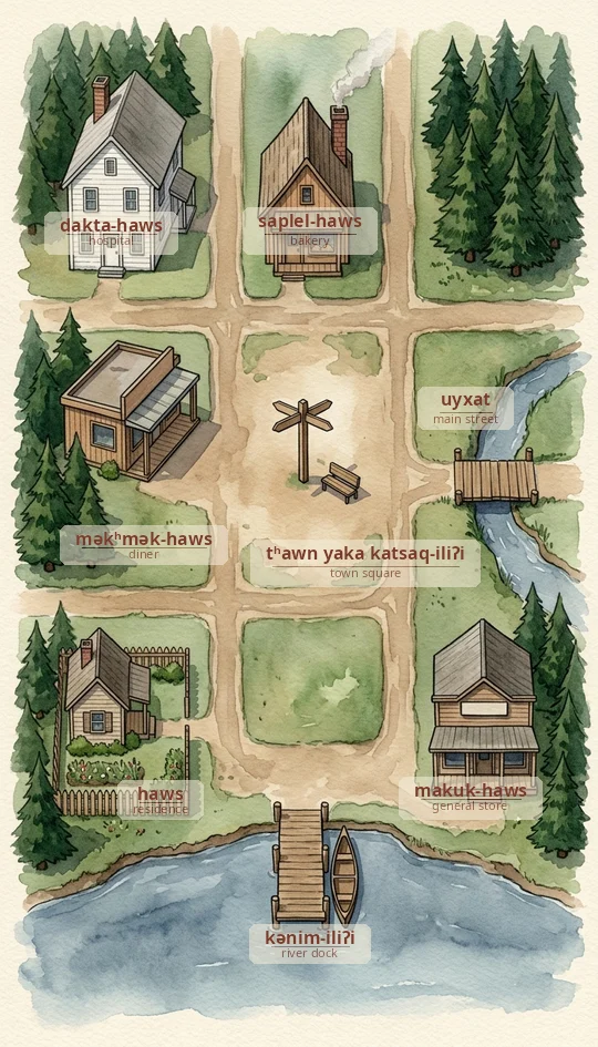 A watercolor map of the riverside town, with Chinuk Wawa words labeling each building and the main street.