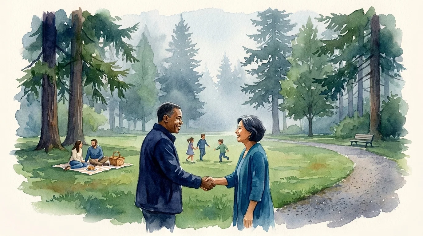 A Pacific Northwest city park with people gathering, shaking hands, children playing, and a couple having a picnic under cedar and fir trees
